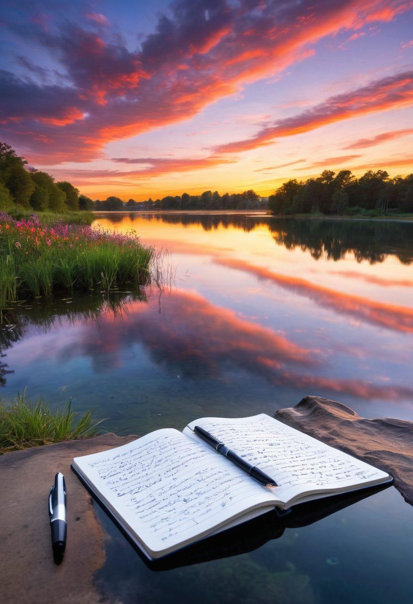 A serene landscape featuring a tranquil lake reflecting vibrant skies at sunrise, symbolizing clarity and positivity. In the foreground, an open notebook with a fountain pen, filled with beautifully written concise phrases. Floating letters and words in various colors surround the notebook, depicting the power of language. The overall atmosphere evokes inspiration and upliftment. super-realistic. vibrant colors. peaceful background.