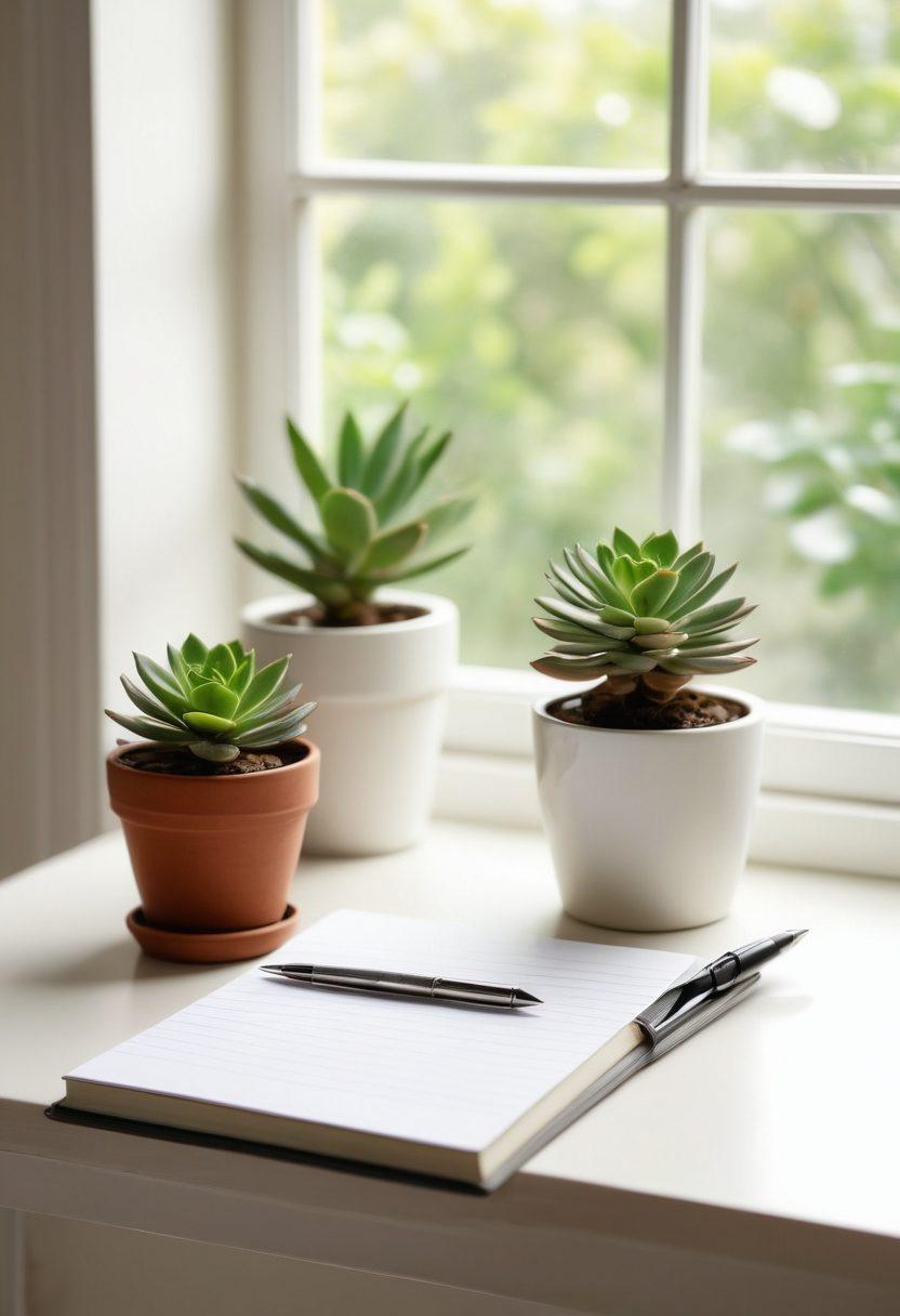 A serene, minimalist workspace featuring a clean white desk with a single succulent plant, a blank notepad, and a vintage pen. Soft, warm light filtering through a large window creates an inviting atmosphere. The background shows hints of nature with blurred greenery, symbolizing clarity and joy. The scene conveys tranquility and simplicity. soft focus. bright colors. minimalist style.