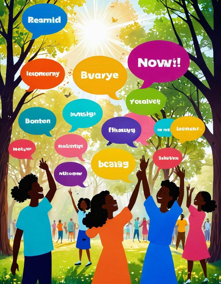A joyful gathering of diverse people exchanging colorful speech bubbles filled with short, uplifting messages. The background features a sunny park scene to evoke warmth and positivity, with butterflies and flowers adding to the cheerful atmosphere. Light rays filtering through trees, enhancing the feeling of elation. vibrant colors. soft focus.